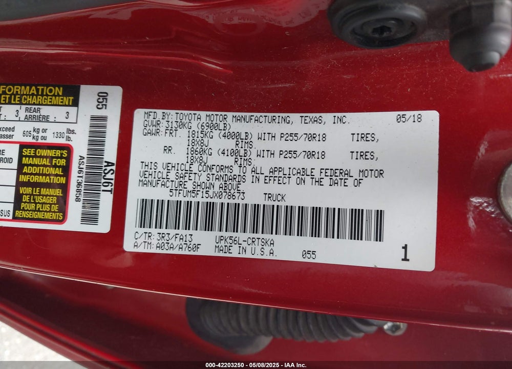 2018 TOYOTA TUNDRA VIN: 5TFUM5F15JX078673