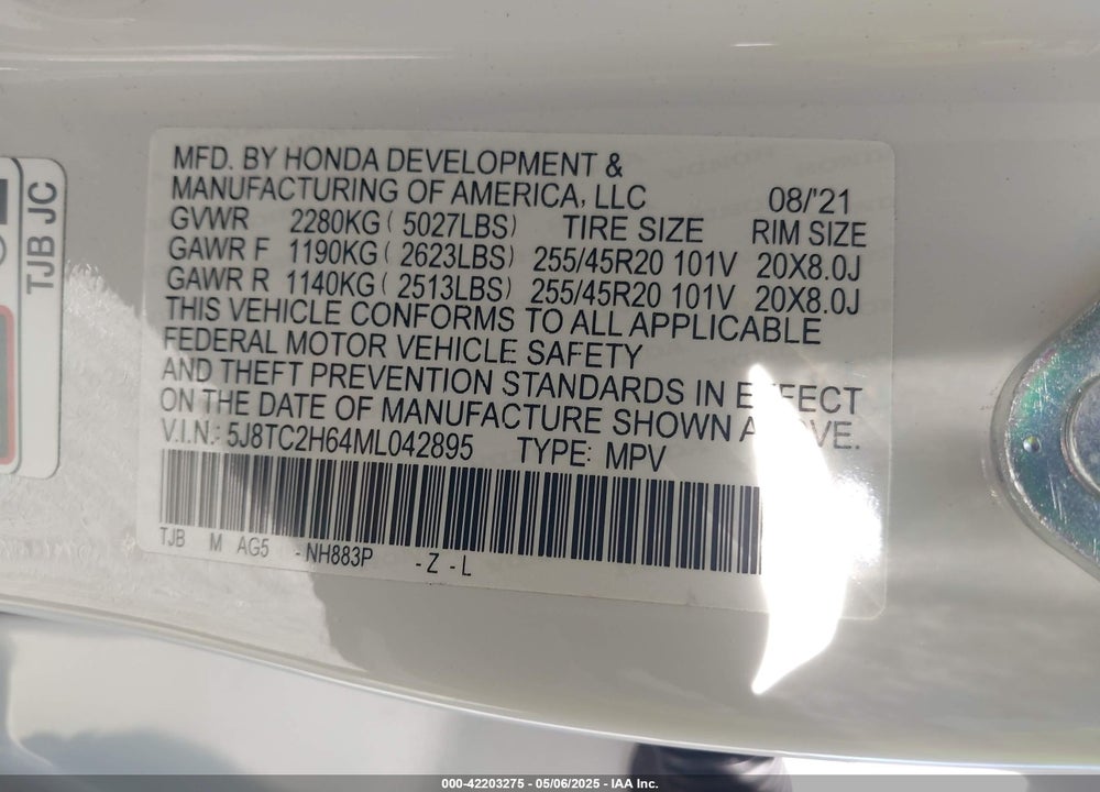 2021 ACURA RDX A-SPEC PACKAGE VIN: 5J8TC2H64ML042895