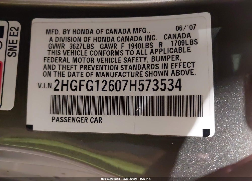 2007 HONDA CIVIC LX VIN: 2HGFG12607H573534