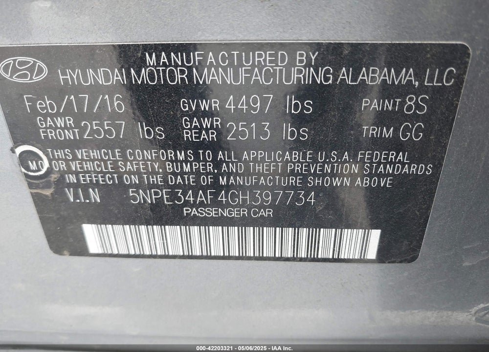 2016 HYUNDAI SONATA VIN: 5NPE34AF4GH397734