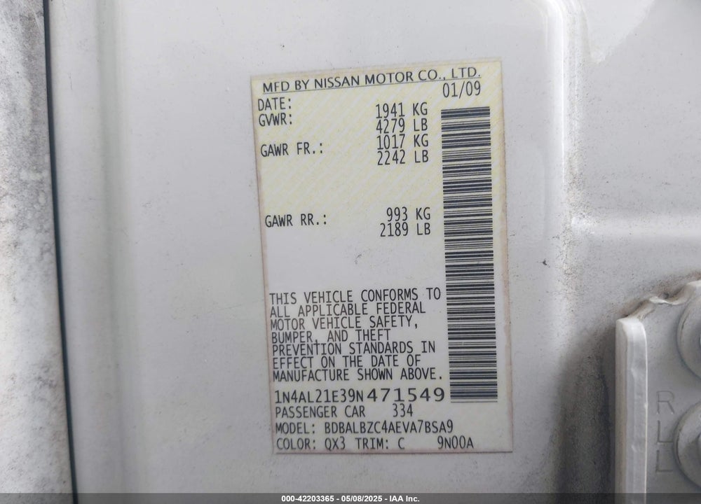 2009 NISSAN ALTIMA 2.5 S VIN: 1N4AL21E39N471549