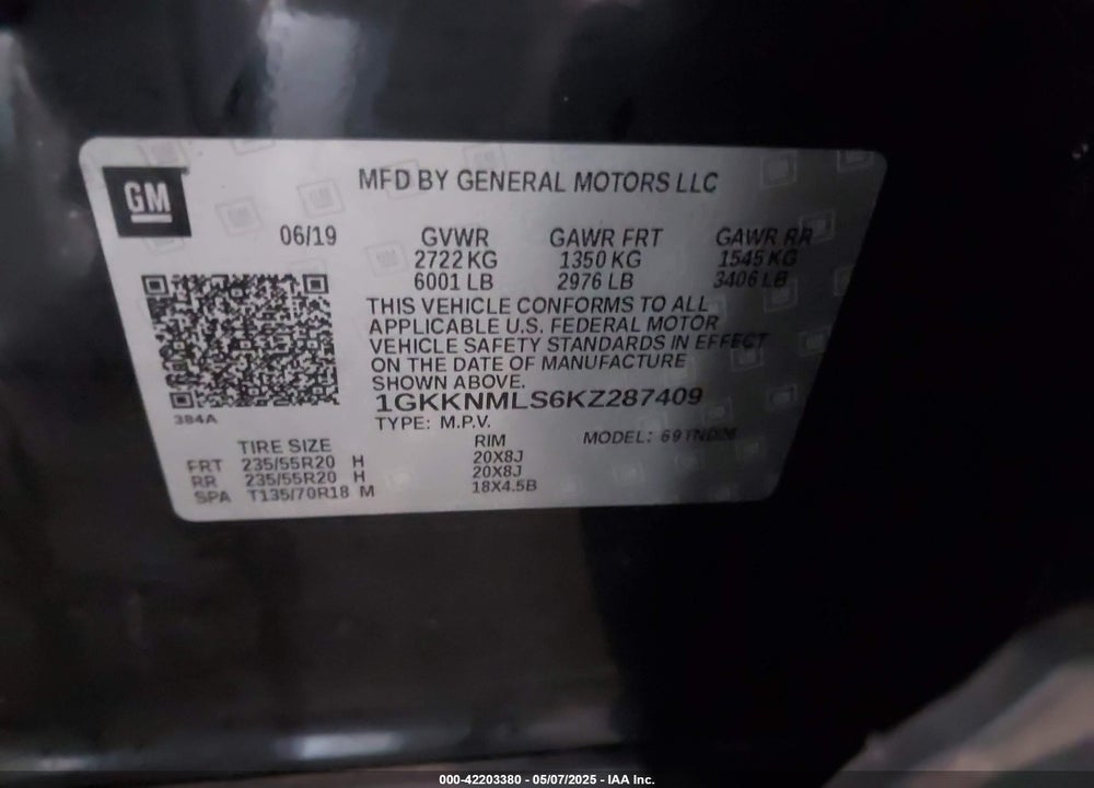 2019 GMC ACADIA SLT-1 VIN: 1GKKNMLS6KZ287409