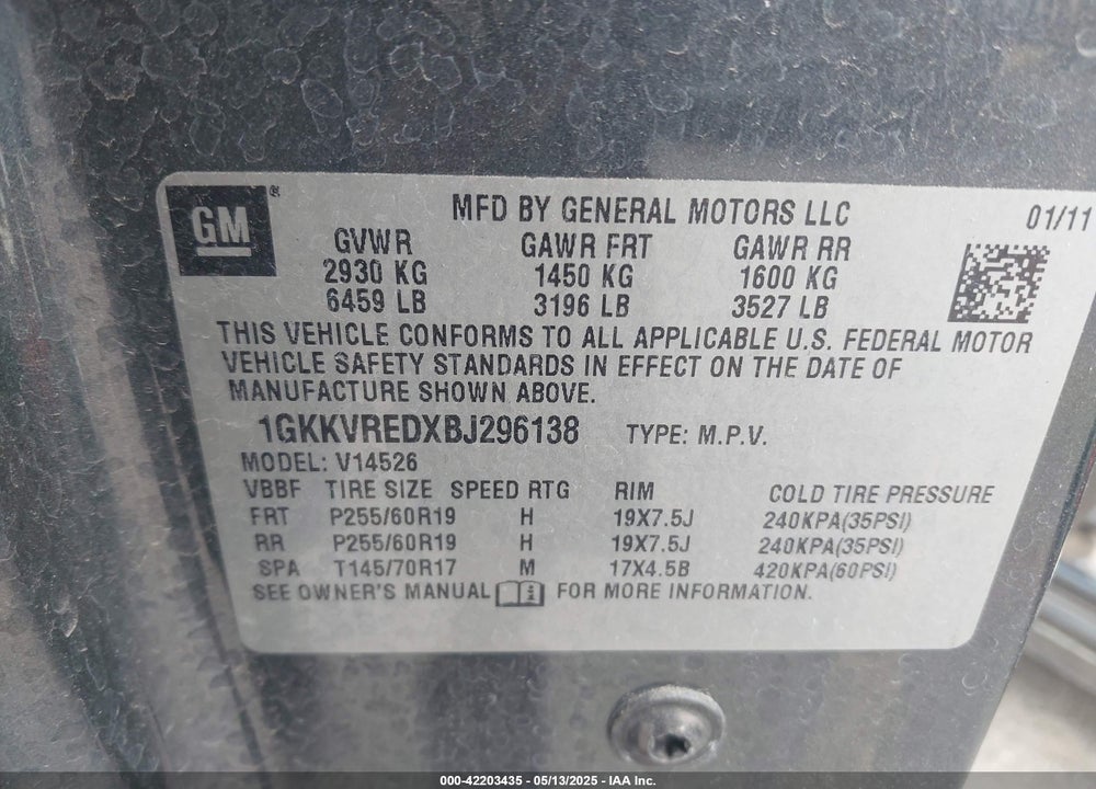 2011 GMC ACADIA VIN: 1GKKVREDXBJ296138