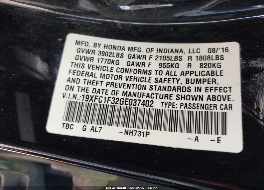 2016 HONDA CIVIC VIN: 19XFC1F32GE037402