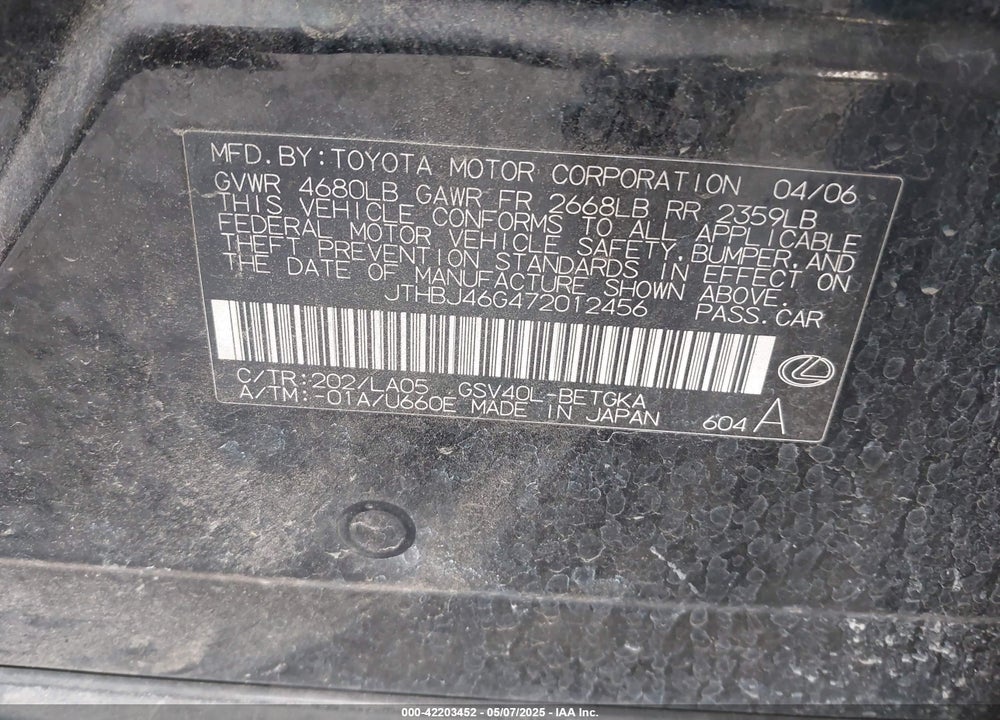 2007 LEXUS ES350 VIN: JTHBJ46G472012456