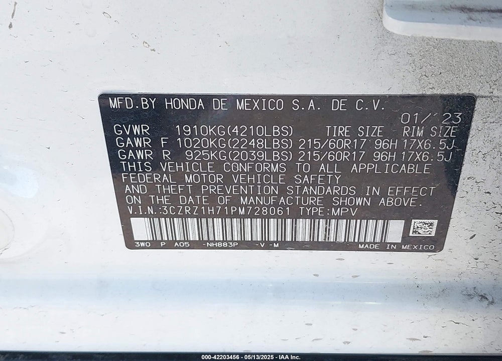 2023 HONDA HR-V 2WD EX-L VIN: 3CZRZ1H71PM728061