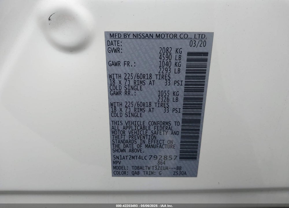 2020 NISSAN ROGUE SV FWD VIN: 5N1AT2MT4LC792857