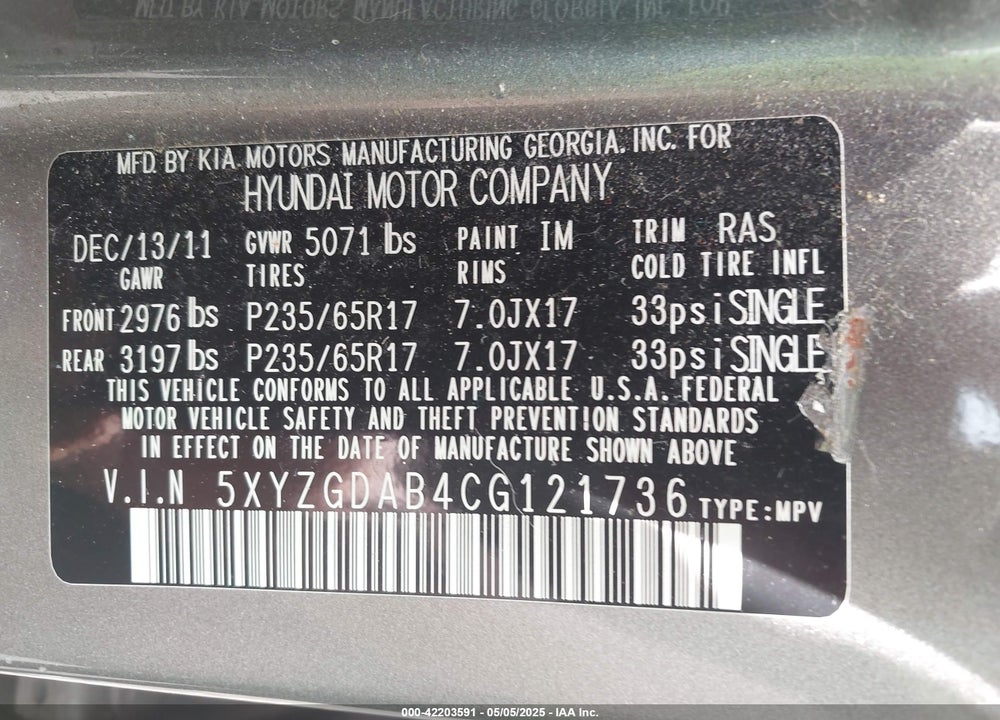 2012 HYUNDAI SANTA FE VIN: 5XYZGDAB4CG121736