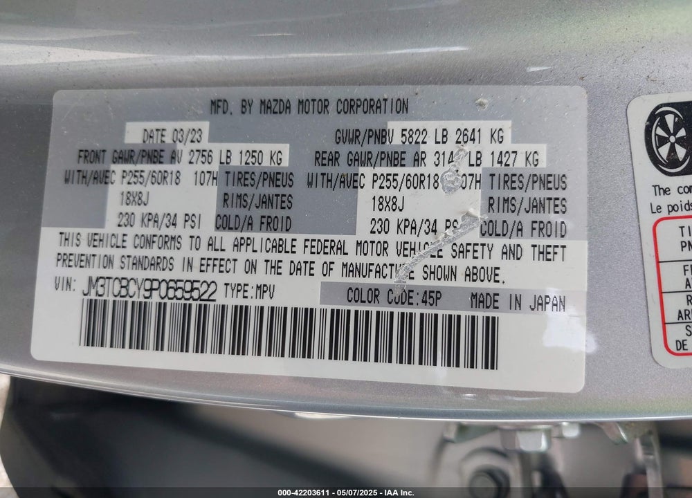 2023 MAZDA CX-9 VIN: JM3TCBCY9P0659522