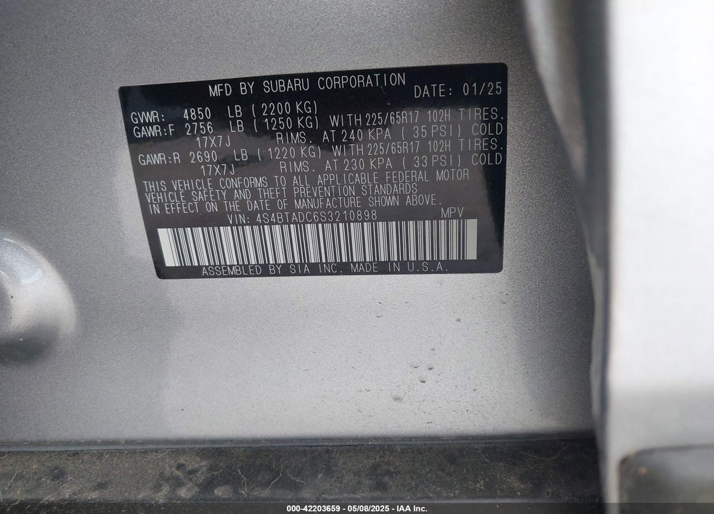 2025 SUBARU OUTBACK VIN: 4S4BTADC6S3210898