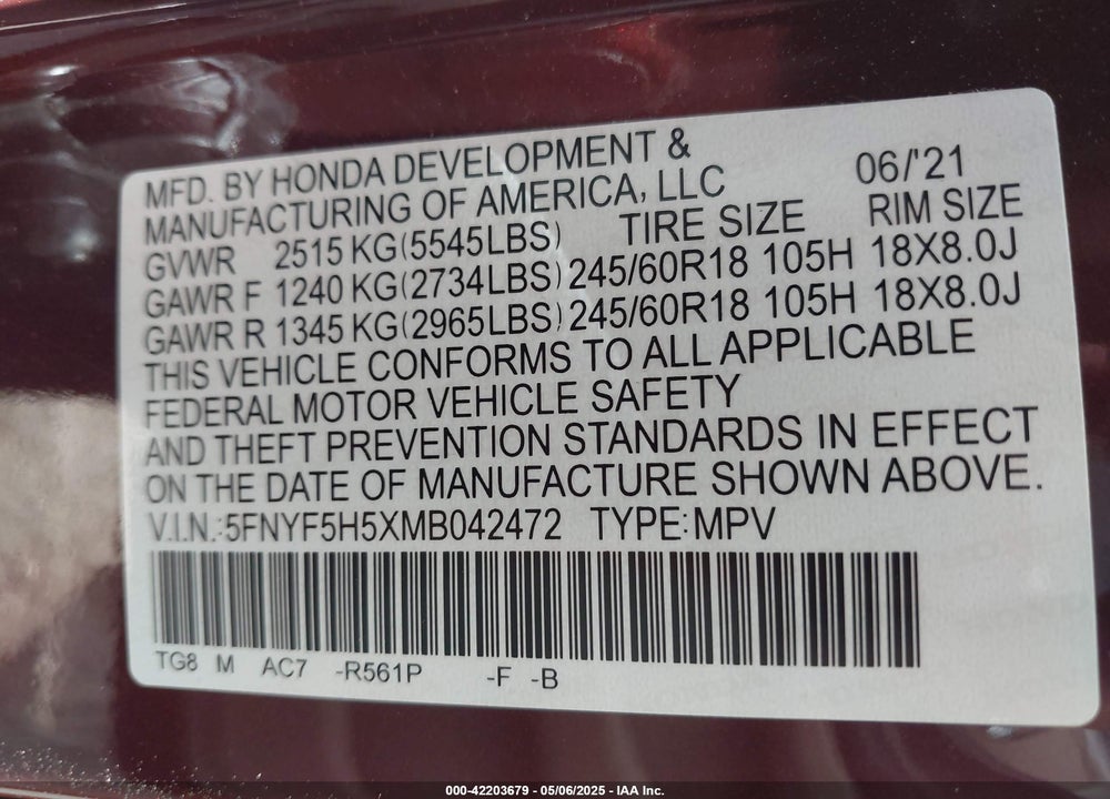 2021 HONDA PILOT 2WD EX-L VIN: 5FNYF5H5XMB042472