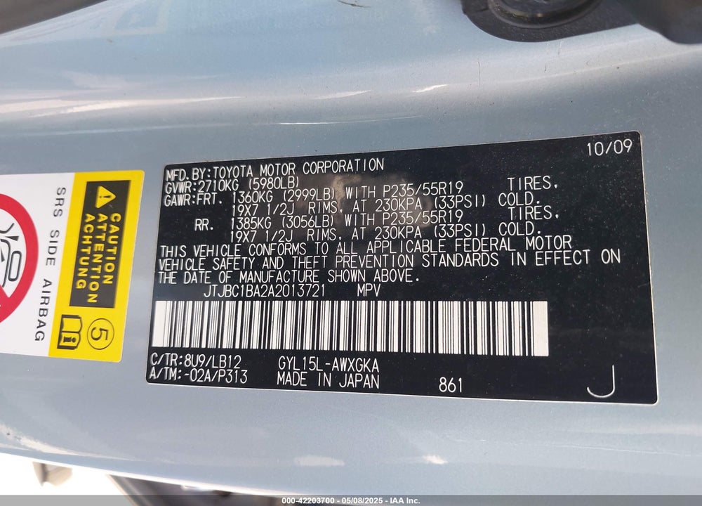 2010 LEXUS RX 450H VIN: JTJBC1BA2A2013721