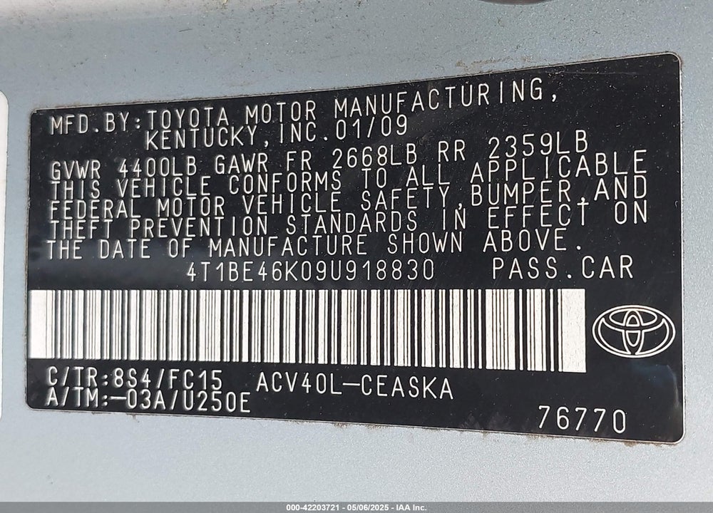 2009 TOYOTA CAMRY VIN: 4T1BE46K09U918830