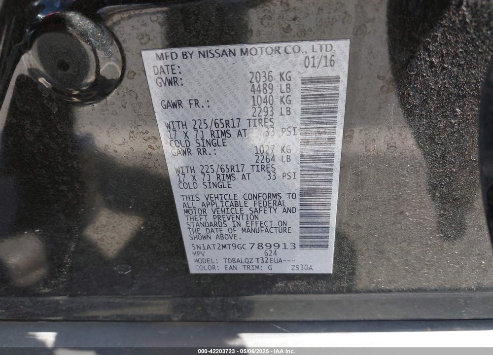 2016 NISSAN ROGUE VIN: 5N1AT2MT9GC789913