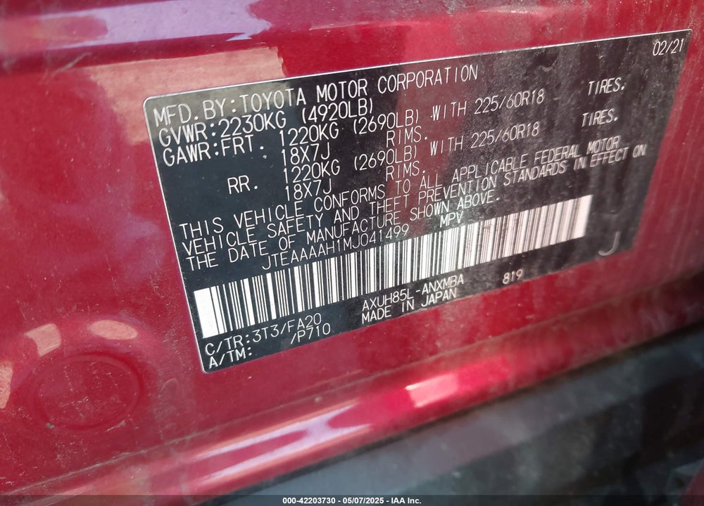 2021 TOYOTA VENZA VIN: JTEAAAAH1MJ041499