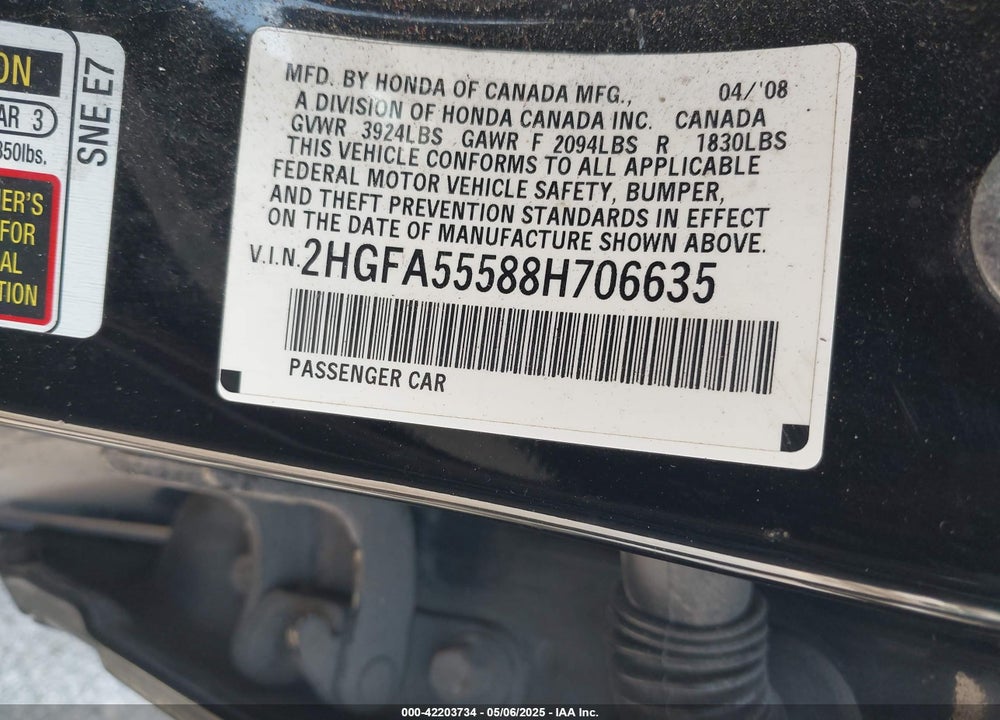 2008 HONDA CIVIC VIN: 2HGFA55588H706635