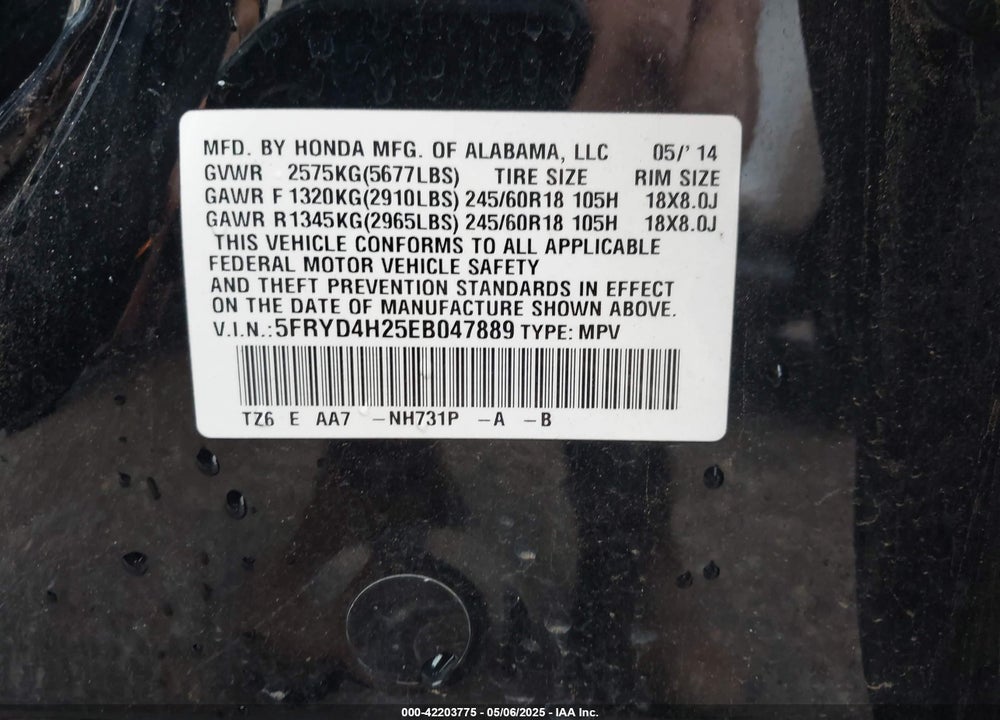 2014 ACURA MDX VIN: 5FRYD4H25EB047889