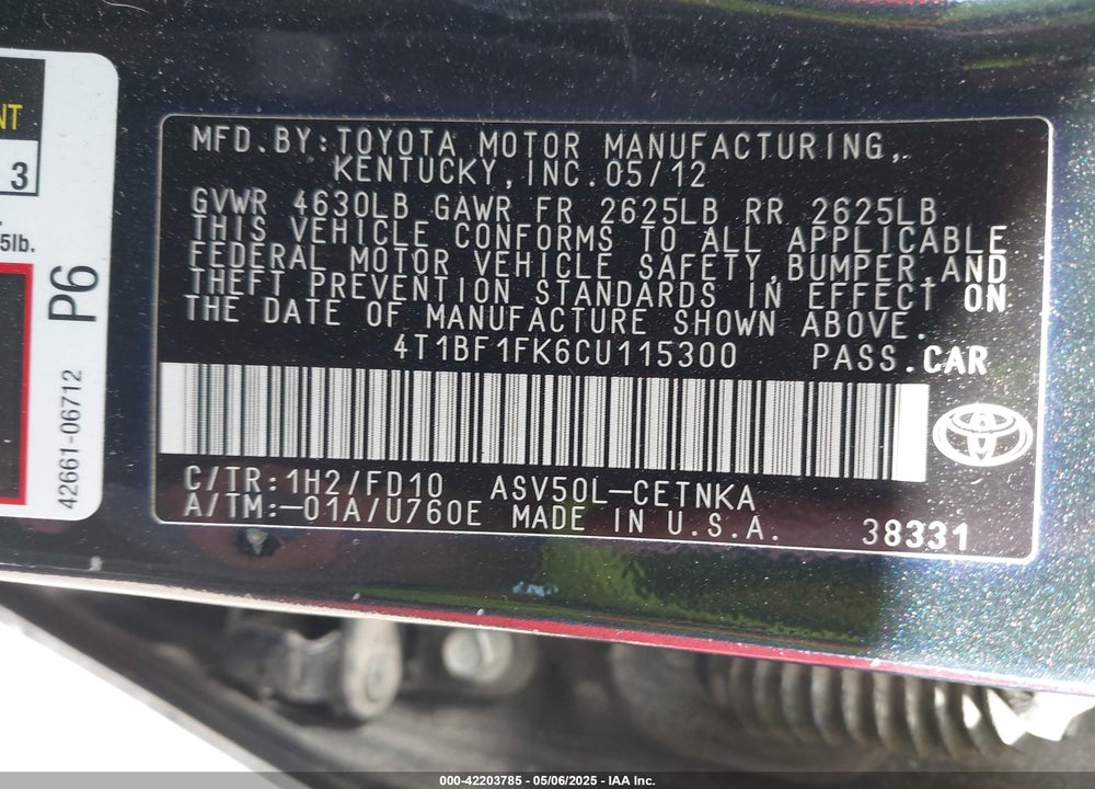 2012 TOYOTA CAMRY LE VIN: 4T1BF1FK6CU115300