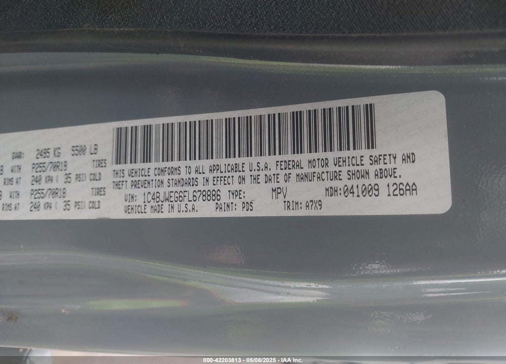 2015 JEEP WRANGLER UNLIMITED VIN: 1C4BJWEG6FL678886