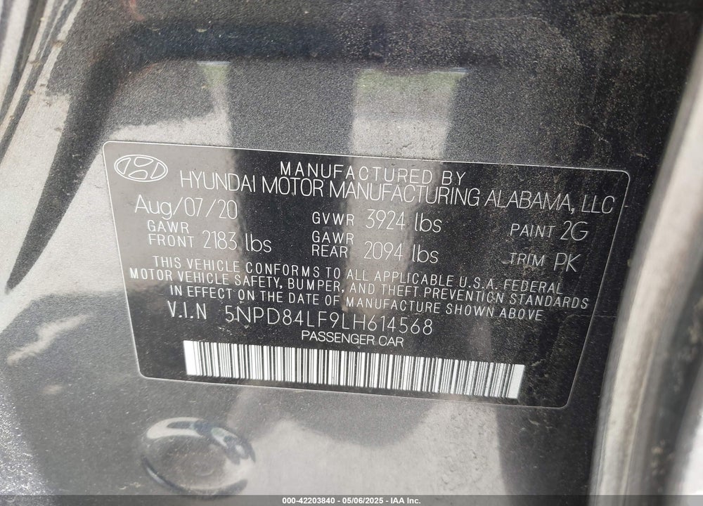 2020 HYUNDAI ELANTRA SEL VIN: 5NPD84LF9LH614568