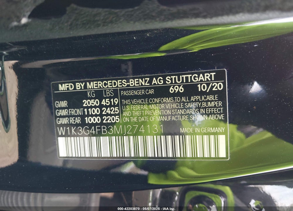 2021 MERCEDES-BENZ A 220 VIN: W1K3G4FB3MJ274131