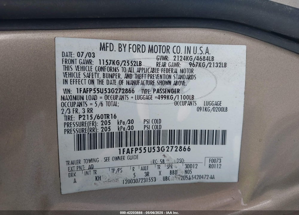 2003 FORD TAURUS SES VIN: 1FAFP55U53G272866