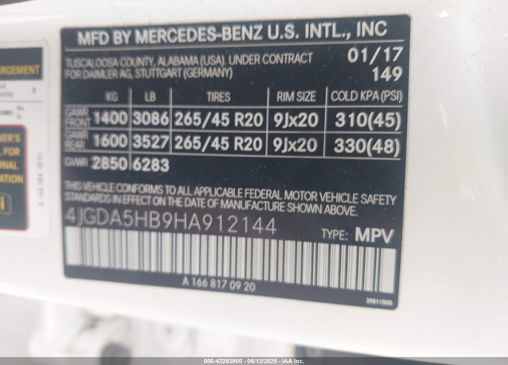2017 MERCEDES-BENZ GLE CLASS VIN: 4JGDA5HB9HA912144