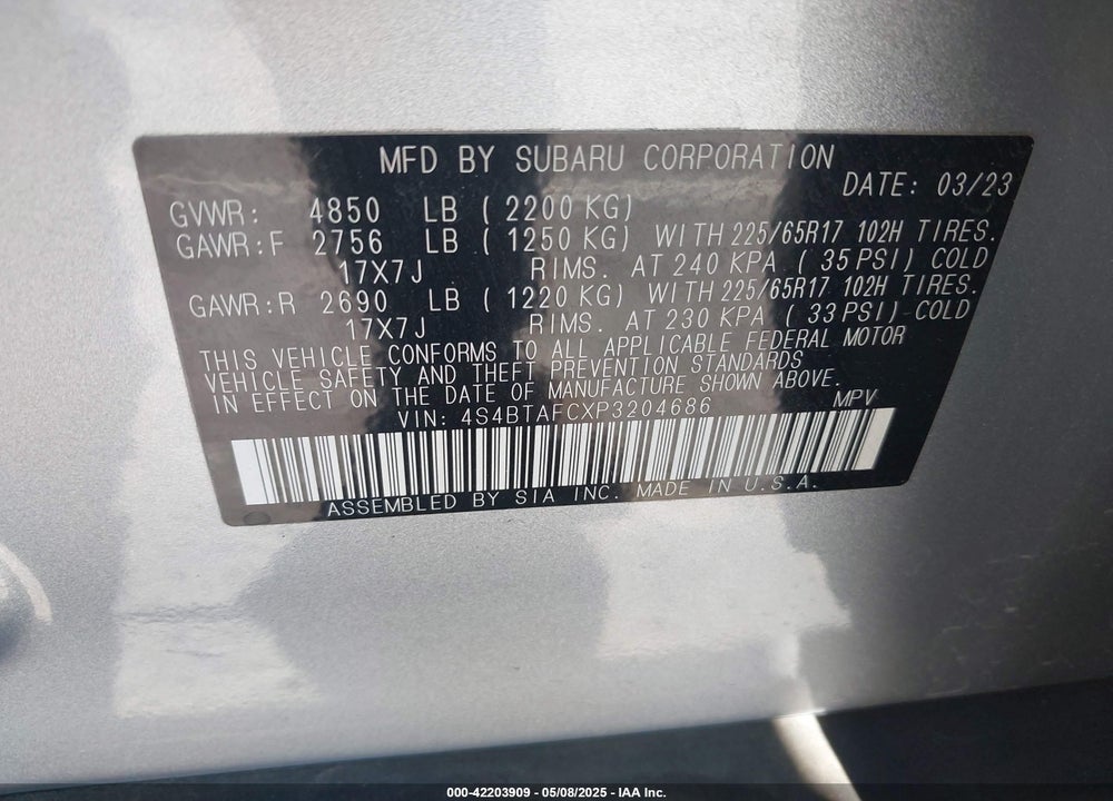 2023 SUBARU OUTBACK VIN: 4S4BTAFCXP3204686