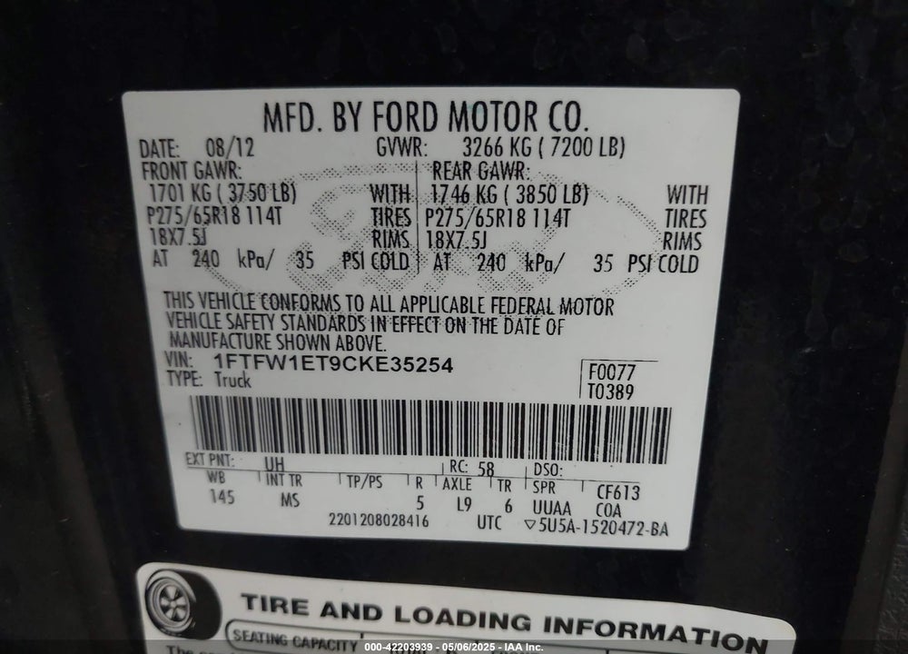 2012 FORD F-150 XLT VIN: 1FTFW1ET9CKE35254
