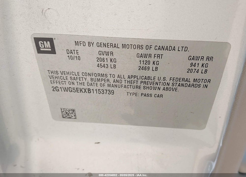 2011 CHEVROLET IMPALA VIN: 2G1WG5EKXB1153739
