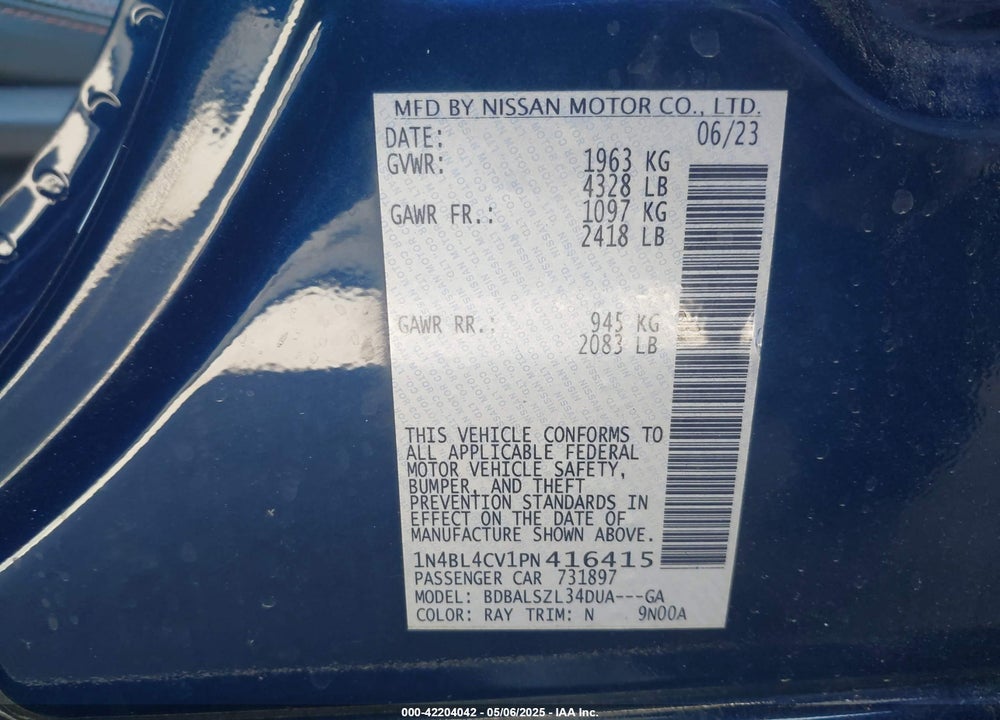 2023 NISSAN ALTIMA VIN: 1N4BL4CV1PN416415