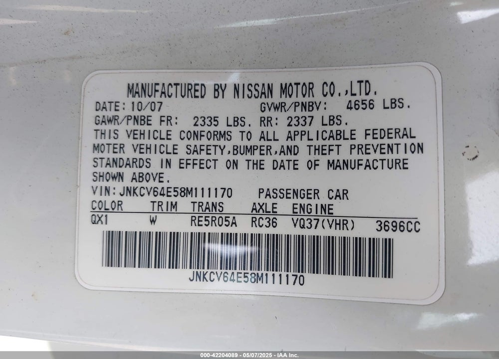 2008 INFINITI G37 VIN: JNKCV64E58M111170
