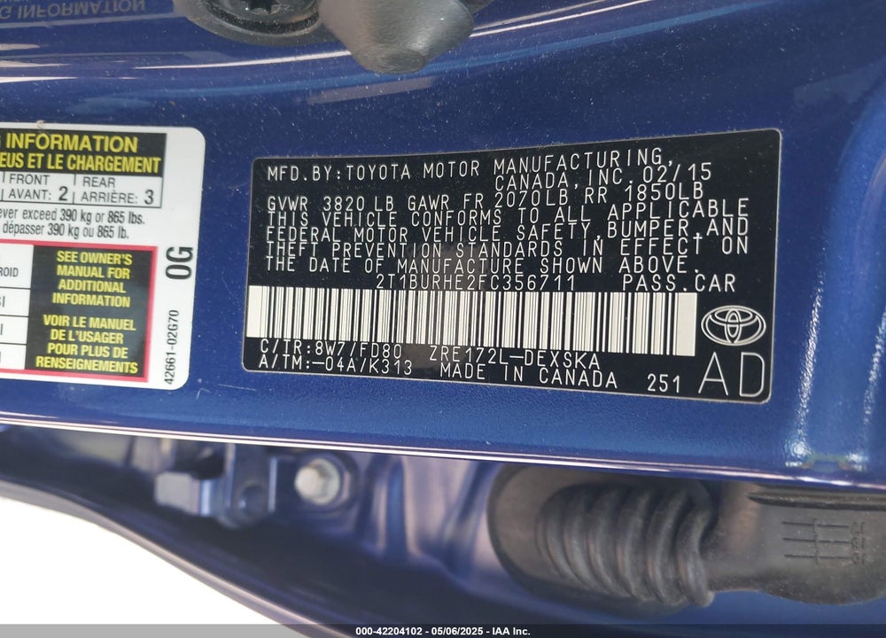 2015 TOYOTA COROLLA VIN: 2T1BURHE2FC356711