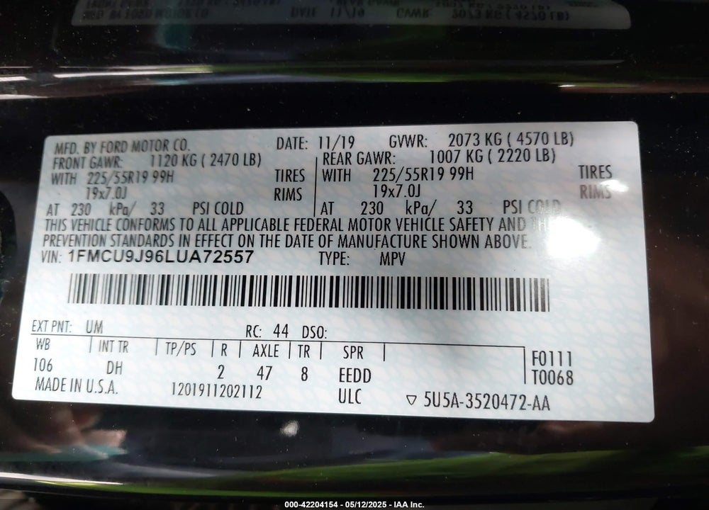 2020 FORD ESCAPE TITANIUM VIN: 1FMCU9J96LUA72557