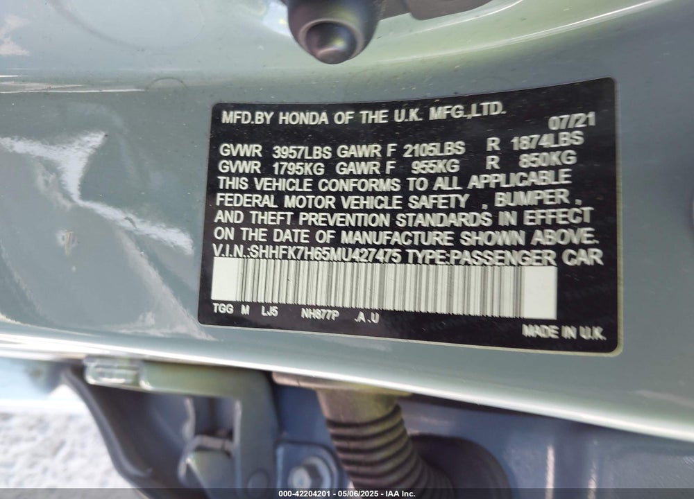 2021 HONDA CIVIC EX VIN: SHHFK7H65MU427475