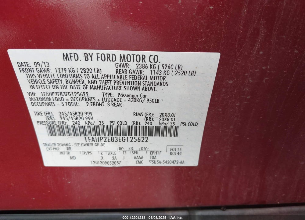 2014 FORD TAURUS VIN: 1FAHP2E83EG125622