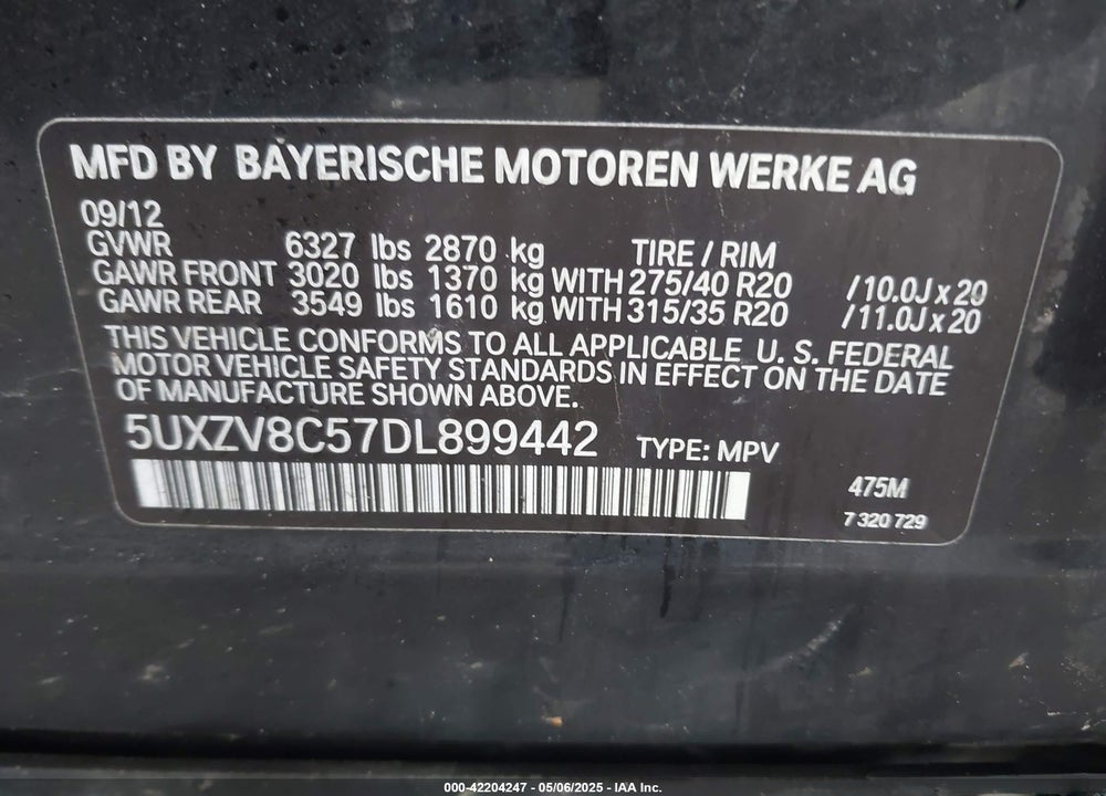 2013 BMW X5 XDRIVE50I VIN: 5UXZV8C57DL899442