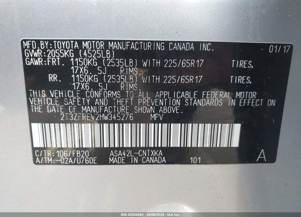 2017 TOYOTA RAV4 LE VIN: 2T3ZFREV2HW345276