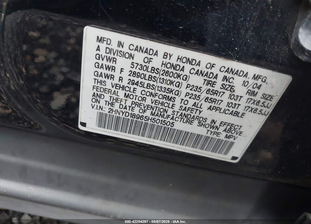 2005 ACURA MDX VIN: 2HNYD18965H501505