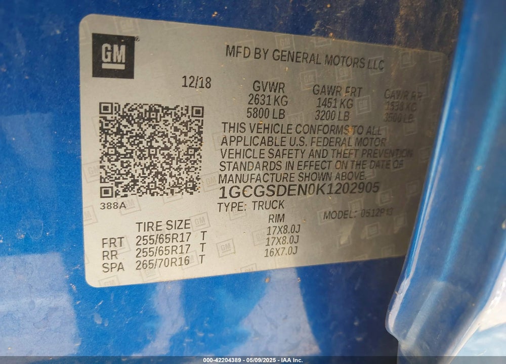 2019 CHEVROLET COLORADO Z71 VIN: 1GCGSDEN0K1202905