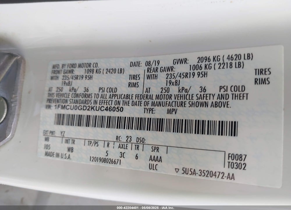 2019 FORD ESCAPE SE VIN: 1FMCU0GD2KUC46050