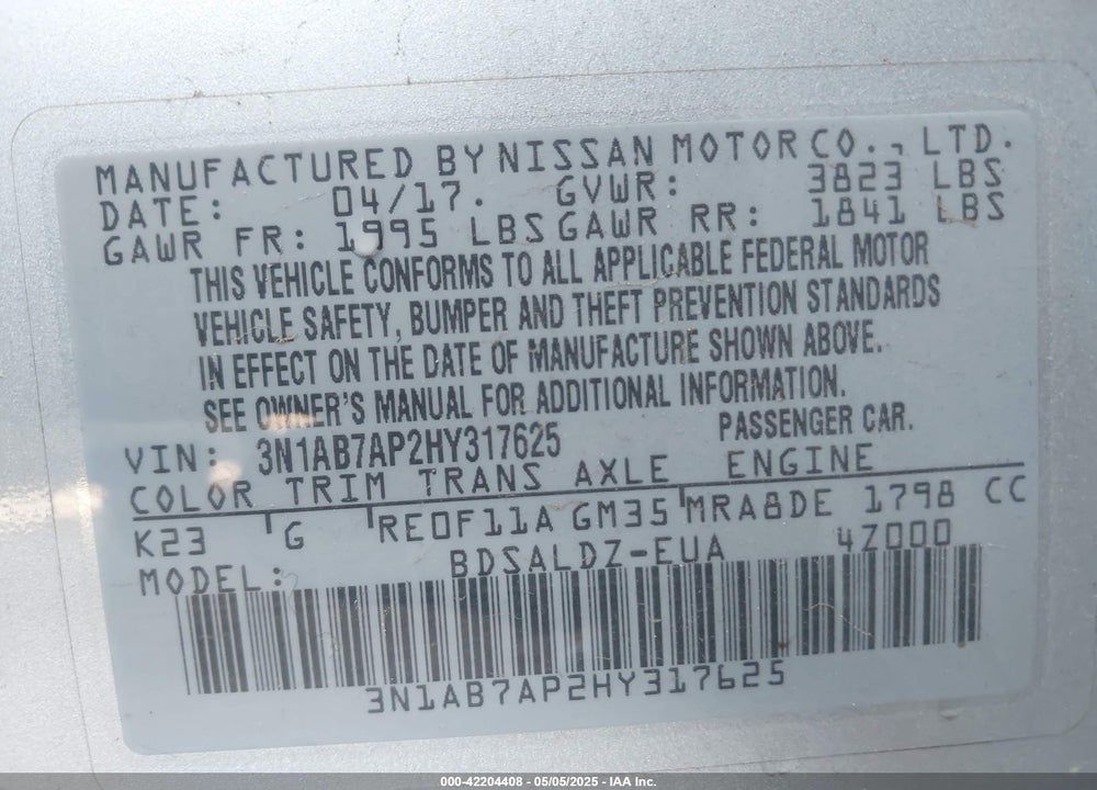 2017 NISSAN SENTRA VIN: 3N1AB7AP2HY317625