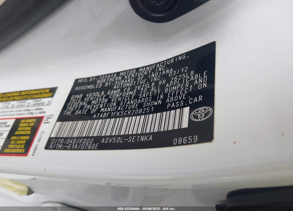 2012 TOYOTA CAMRY VIN: 4T4BF1FK5CR208251