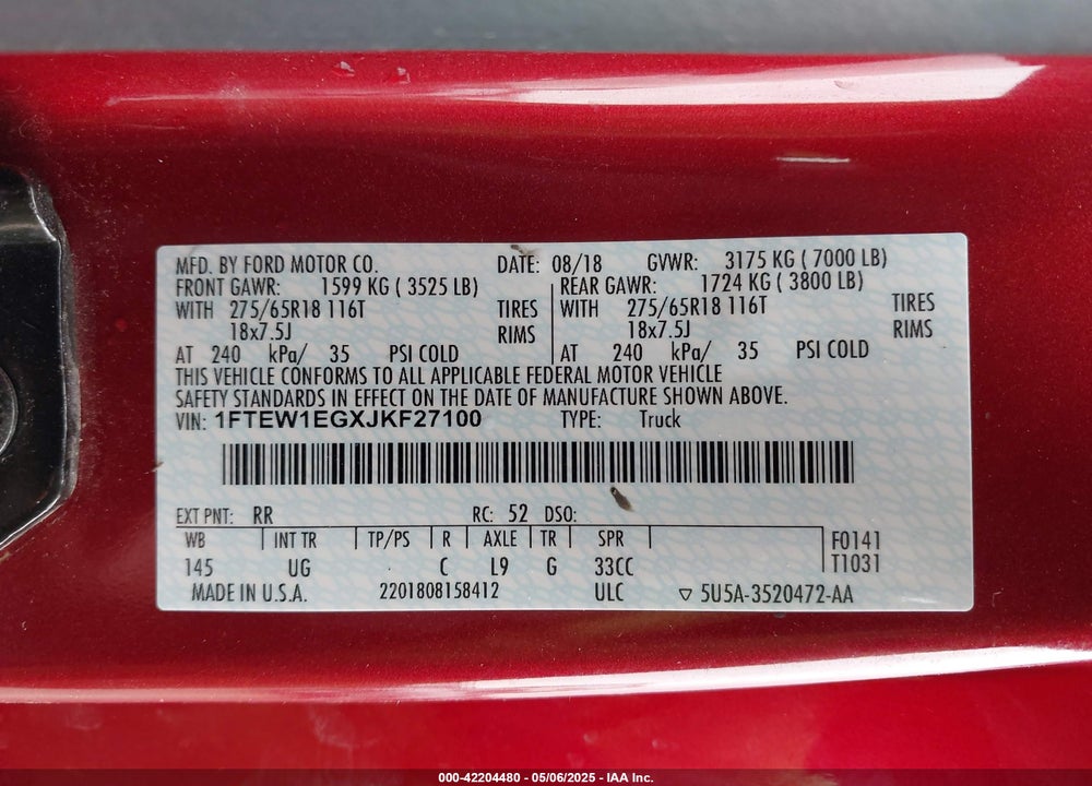 2018 FORD F-150 VIN: 1FTEW1EGXJKF27100