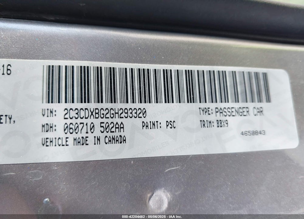 2016 DODGE CHARGER VIN: 2C3CDXBG2GH293320