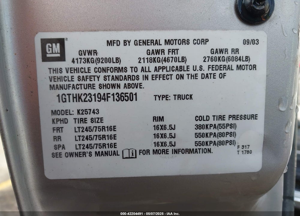 2004 GMC SIERRA 2500HD SLT VIN: 1GTHK23194F136501