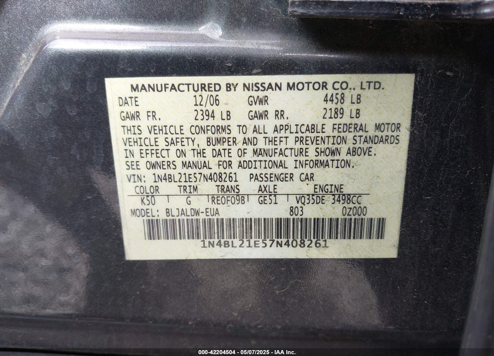 2007 NISSAN ALTIMA 3.5 SE VIN: 1N4BL21E57N408261