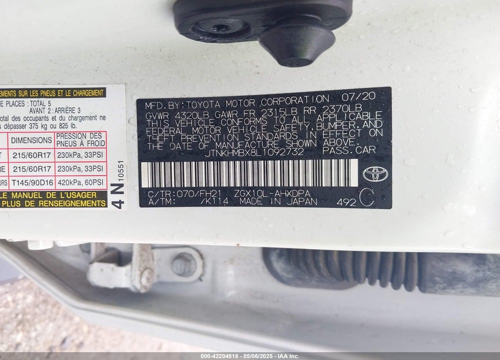2020 TOYOTA C-HR VIN: JTNKHMBX8L1092732