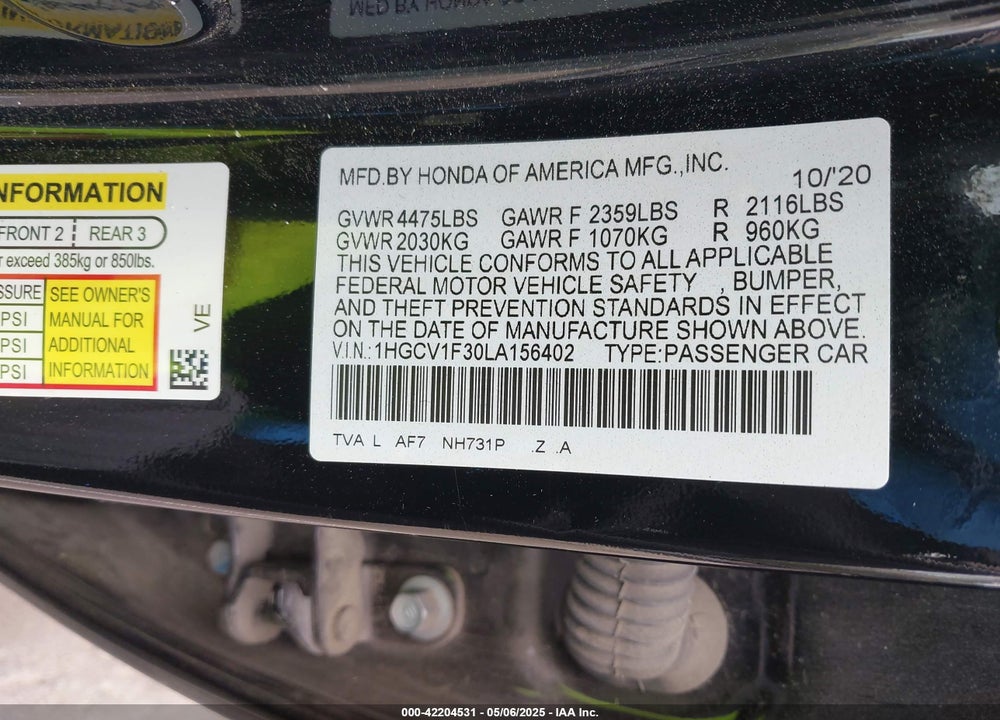 2020 HONDA ACCORD SPORT VIN: 1HGCV1F30LA156402