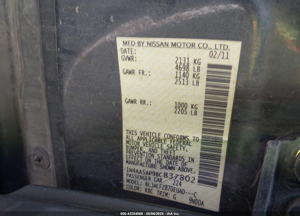 2011 NISSAN MAXIMA 3.5 SV VIN: 1N4AA5AP9BC837802